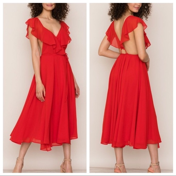 Anthropologie Yumi Kim Womens Red Wrap Midi Dress Ruffle Crepe Large - Picture 1 of 16